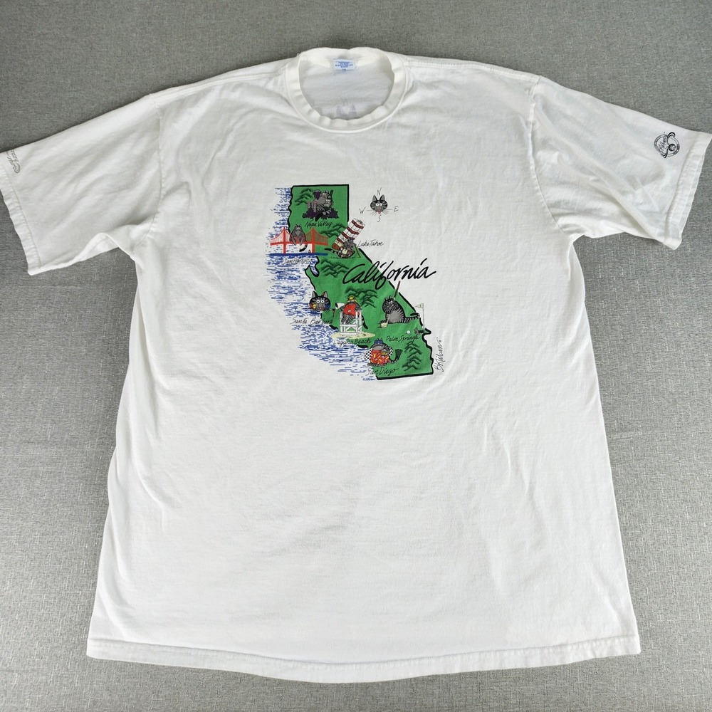 Vintage 90s B. Kliban Cartoon Fat Cat Green California State Map 2XL T-Shirt EUC